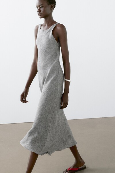 Massimo Dutti %100 keten midi elbise