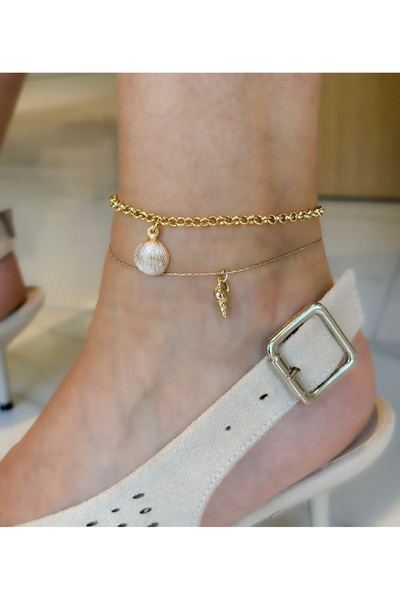 OLEN Pembe Deniz Kabuğu, Çelik Detaylı - Ikili Çelik Halhal Seti