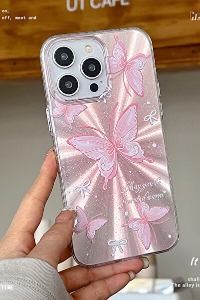EWEC İphone 15 Uyumlu Pembe Kelebek Desen Aurora Hologramlı Ins Style Imd Premium Telefon Kılıfı