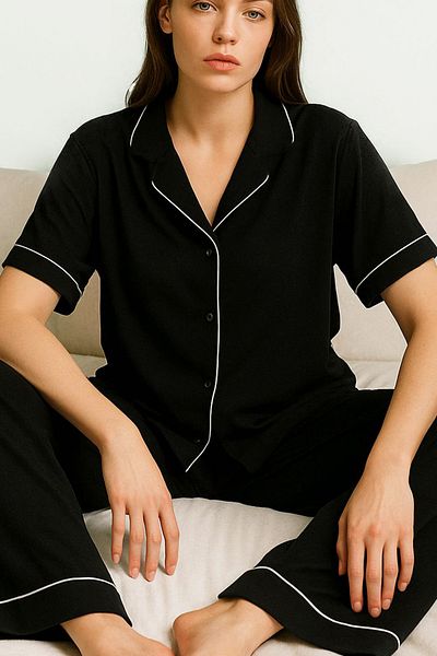 Siyah İnci Black Shirt - Collar Buttoned Short Sleeve Viscose Pajama Set7828