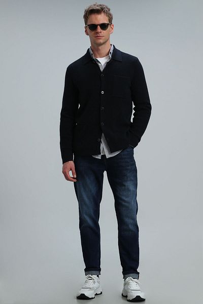 Lufian Solid Men's Cardigan Navy Blue