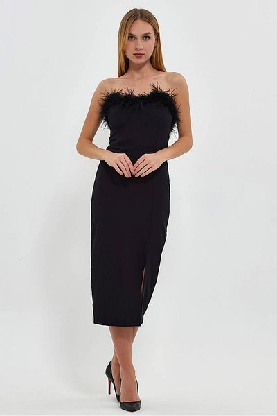 Lava Butik Μαύρο βελούδινο βραδινό φόρεμα με λεπτομέρεια μαύρο φόρεμα με σκίσιμο