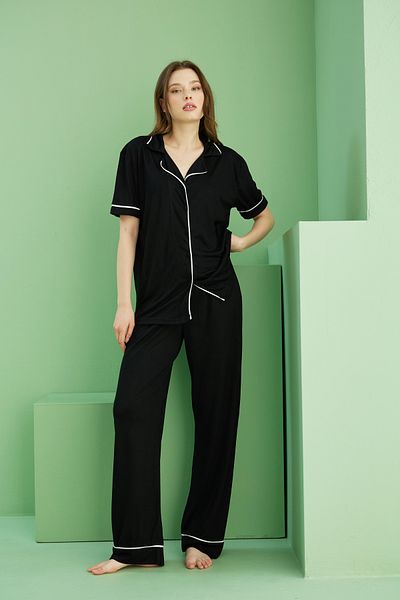 Siyah İnci Black Shirt - Collar Buttoned Short Sleeve Viscose Pajama Set7828