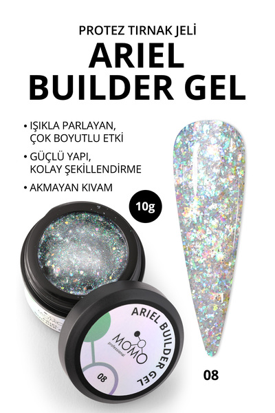 MOMO professional Ariel Builder Gel, Nail Art için Protez Tırnak Jeli No.08, Şeffaf Holografik Yeşil Lila Simli, 10 gr