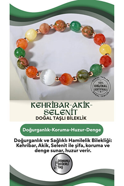 OSMANLI DOĞAL TAŞ Doğurganlık, Sağlıklı Hamilelik Bilekliği Kehribar Akik Sel...