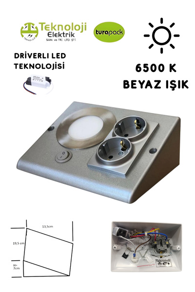 TEKNOLOJİ ELEKTRİK Dolap Tezgah Altı 2'li Priz Ve 3 Watt Anahtarlı Led Spot Aydınlatma (FÜME KASA) Işık Ve Akıllı Priz