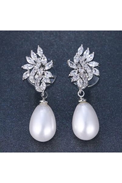 VİYA Peony Kadın Incili Gümüş Renk Zirkon Taşlı Abiye Düğün Nişan Söz Parti Davet Hediye Küpe