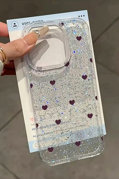 EWEC iPhone 15 Pro Max Compatible Purple Tiny Heart Glitter Transparent Glitter Premium Phone Case