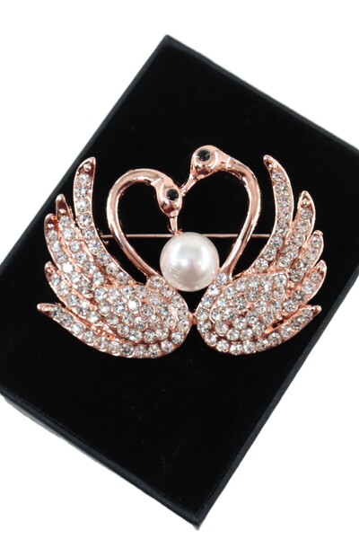 KEEBA Çift kuğulu kalp broş. Yaka iğnesi kuğu broş. Taşlı kalp kuğu broş. Kad...