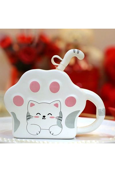miraza Cat Pattern Mug, Ceramic, Straw Included, 450 ml
