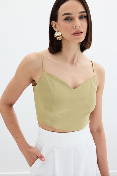 Sateen Satin Crop Blouse with Rope Straps - Olive