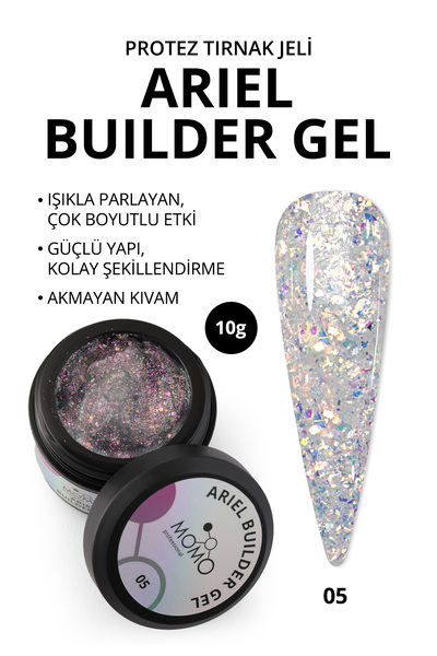 MOMO professional Ariel Builder Gel, Nail Art için Protez Tırnak Jeli No.05, Şeffaf Holografik Pembe Mavi Simli, 10 gr
