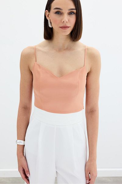 Sateen Bluză crop din satin cu curea de frânghie - somon