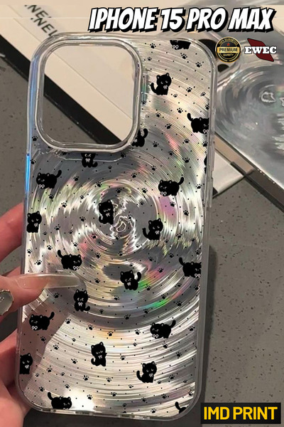 EWEC İphone 15 Pro Max Uyumlu Sevimli Siyah Kedi Ve Pati Desenli Hologramlı I...