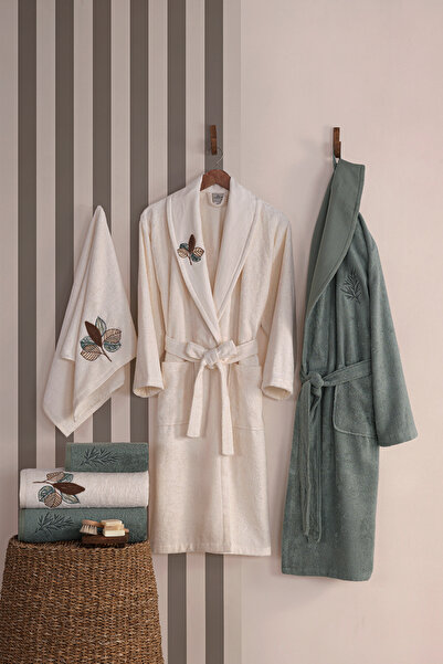 MARİBOR LEAF - طقم رداء حمام عائلي من الخيزران المطرز سوزيني مكون من 6 قطع