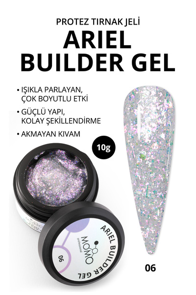 MOMO professional Ariel Builder Gel, Nail Art için Protez Tırnak Jeli No.06, Şeffaf Holografik Pembe Lila Simli, 10 gr