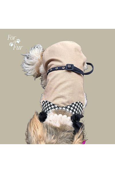 For a Fur Dog Shirt Beige Color Houndstooth Collar Denim Belt Shirt