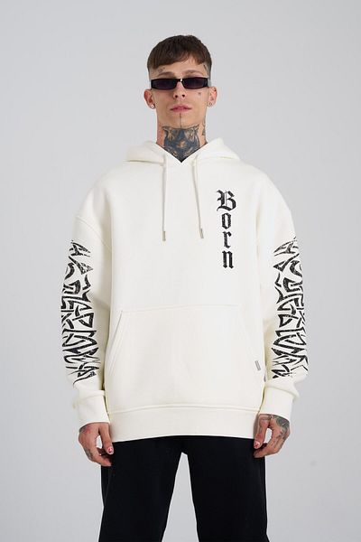 Machinist Men's Ethnic Born Again Printed Hooded Ecru Sweatshirt