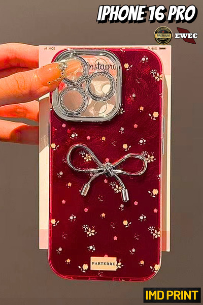 EWEC iPhone 16 Pro Uyumlu Gümüş Fiyonklu Parterre Simli Lens Koruyuculu Bordo...