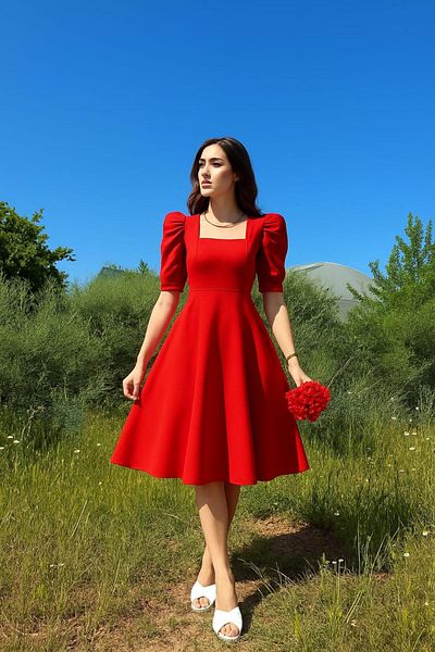 güneş butik Rochie evazată cu guler pătrat, lungime midi, cu mâneci pepene verde