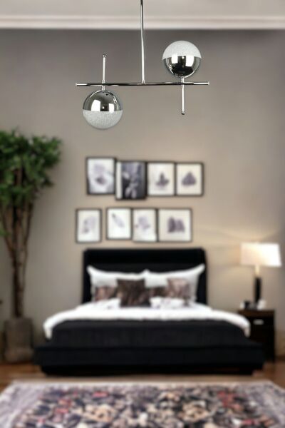 Fer Avize Çello Modern Tasarım Gri Kasa Krom Top - Cafe - Salon - Mutfak – Yatak Odası – Led 2'li Avize