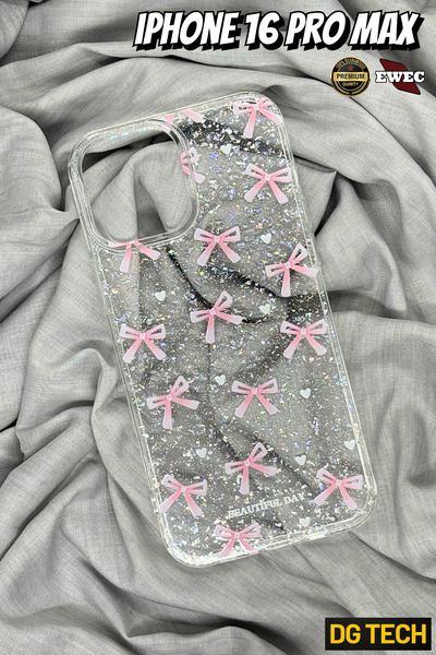 EWEC iPhone 16 Pro Max Uyumlu Pembe Fiyonk ve Beyaz Kalpli Simli Şeffaf Parıl...
