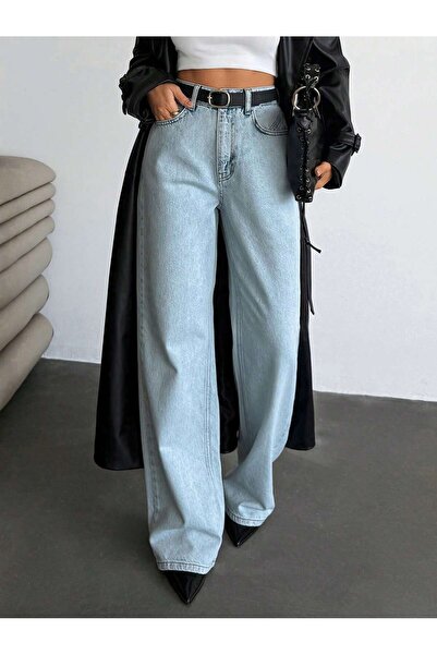 REDZARRAM açık mavi arka cep ve ön cep detaylı yüksek bel kadın pantolonu