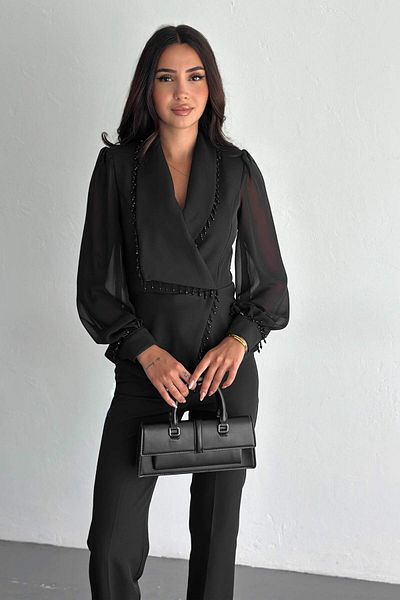 ZISHAN Luxurious Black Bead Detail Women's Two-Piece Suit – Chiffon Sleeve Jacket and Pants – 36-48 Large Size 415
