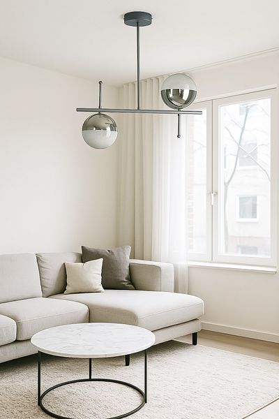Fer Avize Cello Modern Design Gray Case Chrome Ball - Cafe - Living Room - Kitchen - Bedroom - Led 2-Piece Chandelier