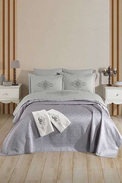 Sevim Tivoli 8 Piece Marriage Set Pique Set Towel-Embroidered Double Bride Set-Diana-Gray