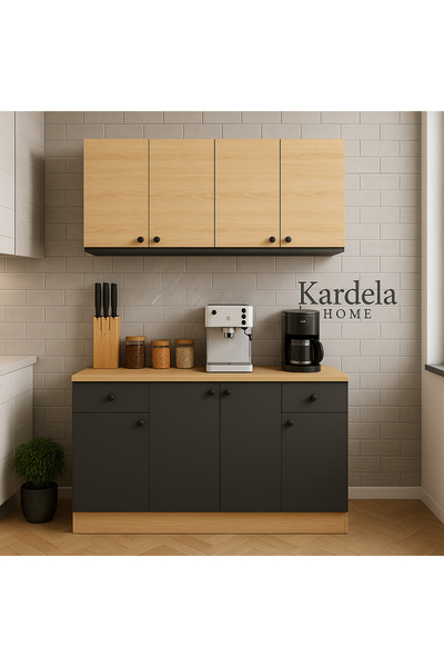 Kardelahome KardelaHomeMutfak 160 cm %100 MDF Ahşap Tezgahlı Antrasit Kapaklı Hazır Mutfak Dolabı Kahve Köşesi