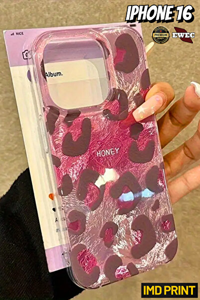EWEC İphone 16 Uyumlu Pembe Leopar Desenli Hologramlı Ins Style Imd Premium T...