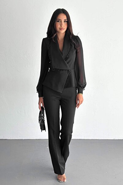 ZISHAN Lüks Siyah Boncuk Detaylı Kadın İkili Takım – Şifon Kollu Ceket ve Pantolon – 36-48 Geniş Beden 415