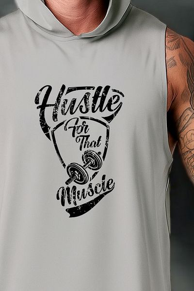 BESSA Men's Gray Hustle Printed Oversize Crew Neck Cotton Hooded Sports Tank Top