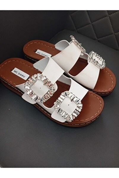 McDark Women's White Wedge Heels Orthopedic Stitched Sole Stone Slippers