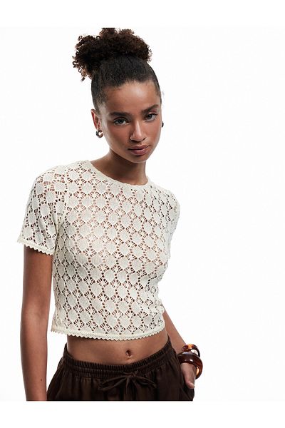 Koton Crochet Short Sleeve Crew Neck T-Shirt