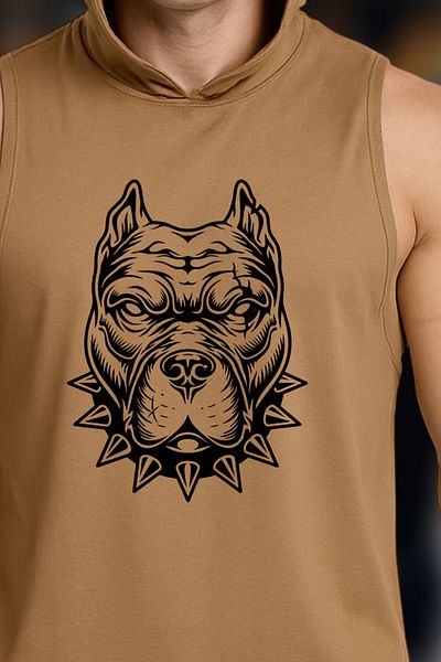 BESSA Ανδρικό μπλουζάκι Pitbull με στάμπα μπεζ Oversize Crew Neck Βαμβακερή κουκούλα αμάνικο αθλητικό μπλουζάκι