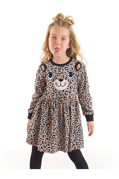 Denokids Γκρι κοριτσίστικο φόρεμα με λεοπάρ σχέδιο