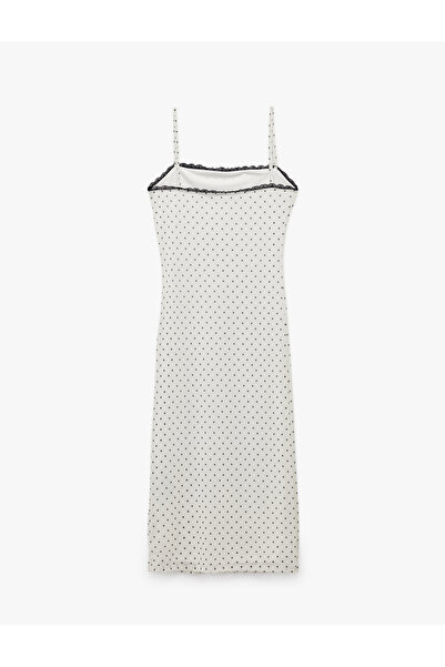 Koton Kare Yaka Askılı Puantiyeli Dantelli Tül Midi Elbise