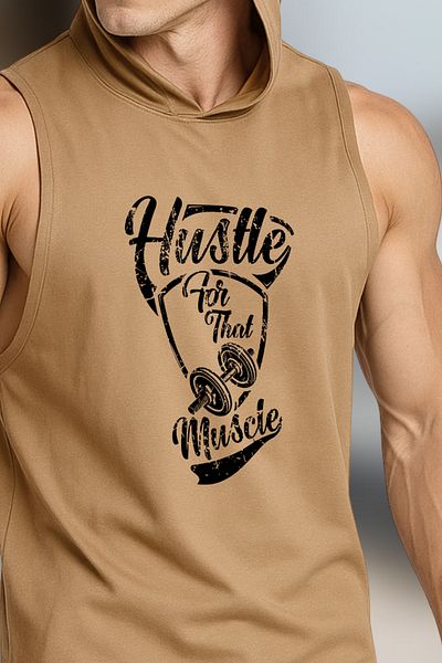 BESSA Ανδρικό εμπριμέ Hustle - Μπεζ υπερμεγέθη βαμβακερή κουκούλα αμάνικο αθλητικό εσώρουχο