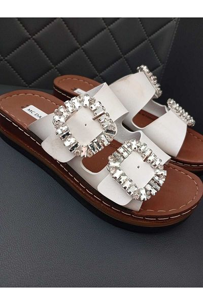 McDark Women's White Wedge Heels Orthopedic Stitched Sole Stone Slippers