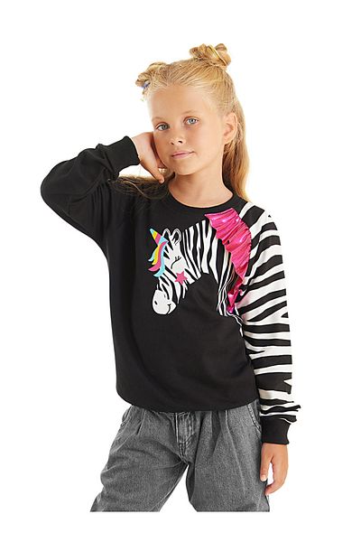 Denokids Černá dívčí mikina s dlouhým rukávem s volánem se vzorem Zebra
