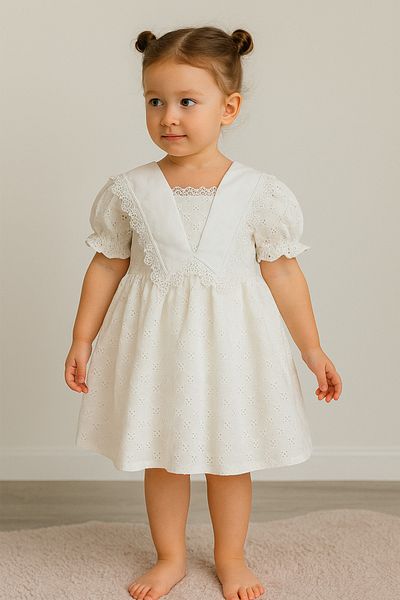 2kids2mom Girl's White Collar Lace Detailed Back Tie Short Sleeve Eid and Special Occasion Dress