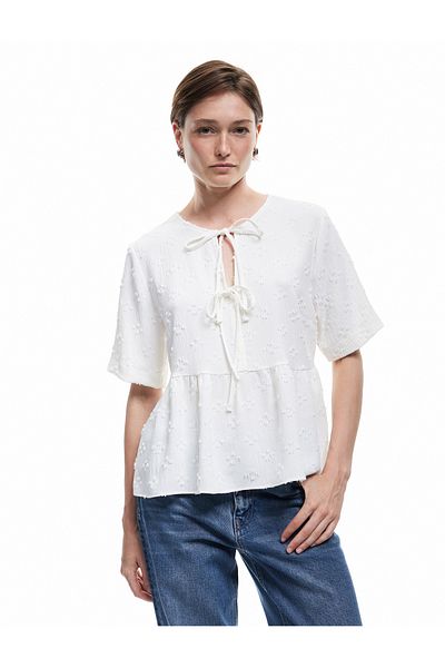 Koton Short Sleeve Bow Detailed Textured Tie Front Blouse