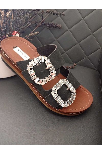 McDark Women's Black Filled Heels Ortopedic Stitched Sole Stone Slippers