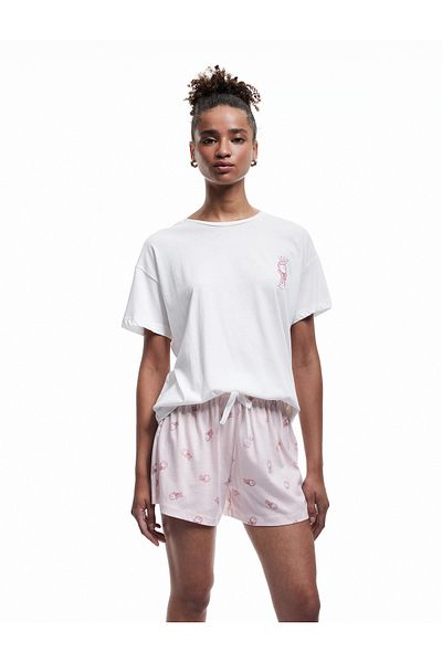 Koton Cotton Short Sleeve Crew Neck Cat Graphic Printed Shorts Pajamas Set
