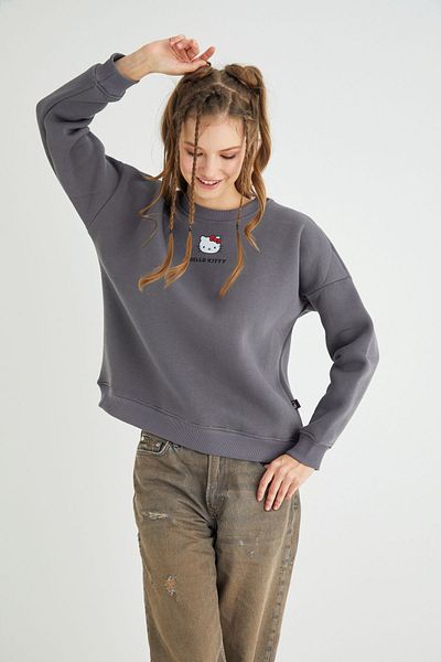 Hello Kitty Licensed Printed Thick Oversize Fit Gray Sweatshirt