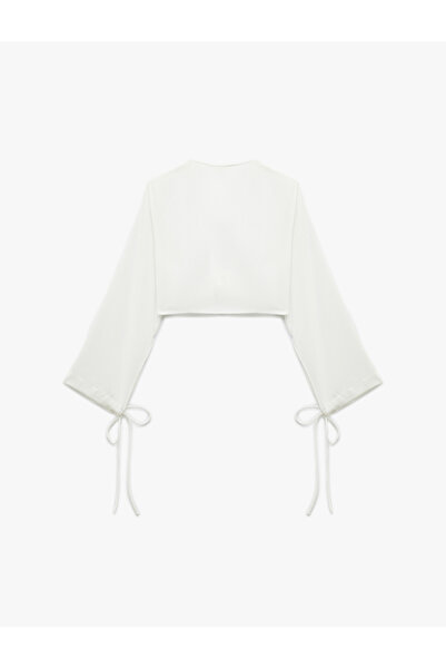 Koton V Neck Long Bell Sleeve Tie Front Bow Detail Crop Blouse