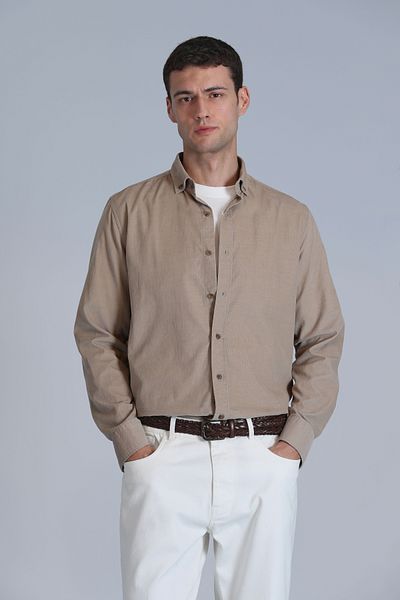 Lufian Ανδρικό πουκάμισο Slim Fit Beige Basic - Νερό