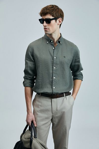 Lufian Мъжка ленена риза Pitaya Comfort Fit Khaki